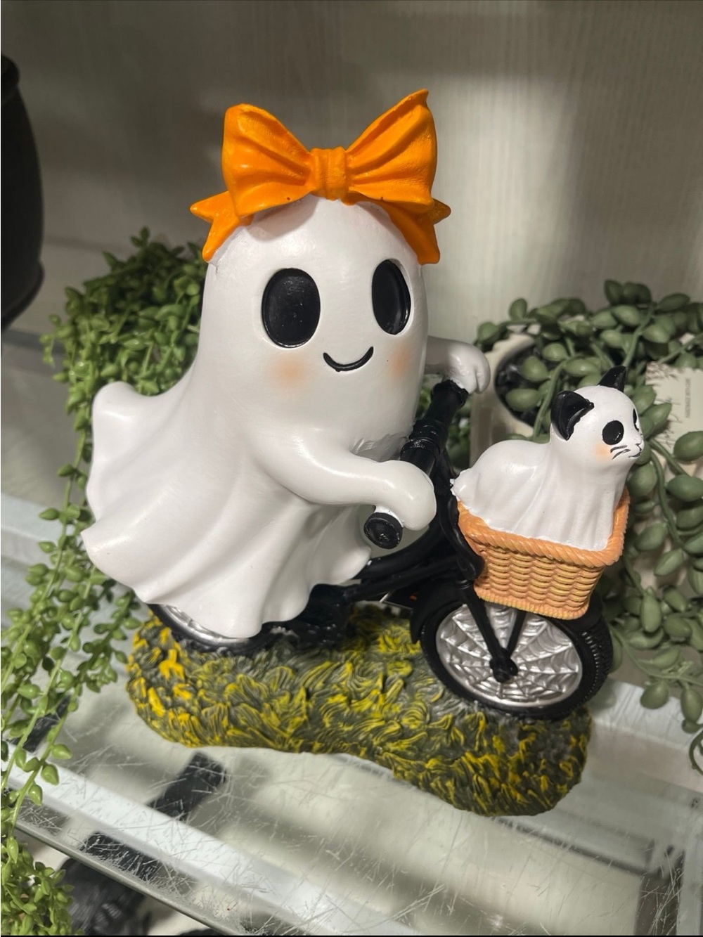 HAlloween Ghost Girl Riding Bicycle with Ghost Cat in Basket Resin Decor NwT